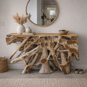 Mesa Consola Rústica Sania de Raíz de Teca Premium, Hecha a Mano, Orgánica, Artística, con Altura Ajustable, Mueble de Madera Sólida, Pieza Destacada - Product Image 6