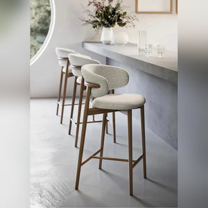 Modern Solid <b>Wood</b> Upholstered Bar <b>Stool</b> with Linen Fabric Handmade Curved Backrest for Kitchen Island and Dining Room - Product Image 4