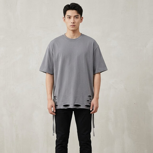 T-shirts oversize pour hommes, style streetwear, à épaules tombantes, effet usé, 100% coton polyester - Product Image 1