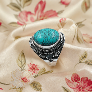 Bague en argent sterling 925 avec turquoise naturelle, plaquée or rose et or jaune, faite à la main, style bohème, ovale, ajustable - Product Image 5