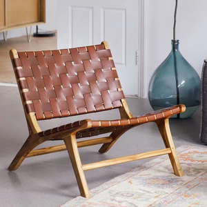 Fauteuil lounge de luxe en cuir véritable tissé à la main, fauteuil d'appoint en bois massif de qualité supérieure pour mobilier de salon d'hôtel - Product Image 1