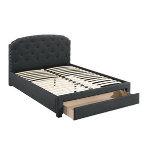 Letto singolo imbottito con testiera capitonné in tessuto di tela color antracite, con contenitore a cassetti e bottoni, 1 pz. - Product Image 2