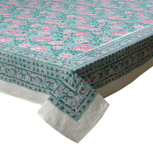 Mohini Green Gud Christmas <b>Tablecloth</b> 180x270cm Handcrafted Block Printed 100% Cotton Holiday Dining Table Decor Style - Product Image 1