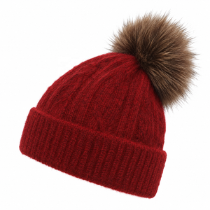<b>Red</b> <b>Pom</b> <b>Pom</b> Beanie Unisex Hand Knitted Acrylic Winter Hat Solid Casual Knit for Adults - Product Image 1