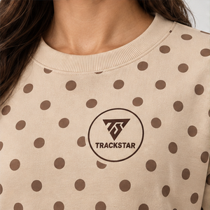 Women's Beige <b>Crewneck</b> Sweatshirt with Taupe Brown Allover Polka Dots Long Sleeve Custom Logo - Product Image 4
