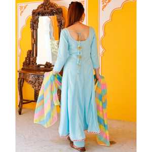 Conjunto de traje de tela de gasa azul aguamarina talla XS con adornos de gota elaborados - Product Image 2