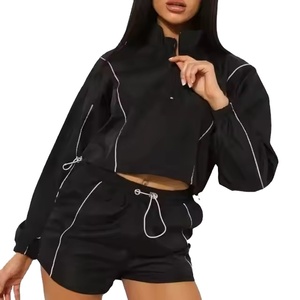 2026 New Arrival Girl's <b>Black</b> Crop Short Two Piece Windbreaker Set Custom Casual Piping Work Nylon Two Piece Jacket Short Sets - Product Image 3