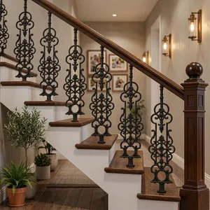 Panneau de rampe d'escalier en fer forgé orné, décorations en volutes, meneaux et balustres métalliques décoratifs pour rénovation d'escalier intérieur - Product Image 3