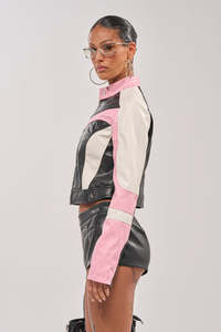 Chaqueta de Moto para Mujer, Impermeable, Cortavientos, de Cuero PU Recubierto, Manga Larga, Cuello Alto, Bloques de Color, Cierre de Cremallera con Piel Sintética, Otoño - Product Image 4