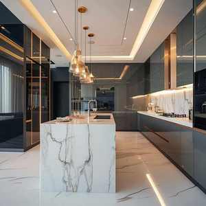 CBMmart Gris brillant personnalisé - Panneau de porte en verre sans poignée avec éclairage LED intégré et grands plateaux en marbre cascade - Product Image 5