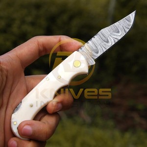 Custom Damascus Folding <b>Knife</b> with Camel <b>Bone</b> <b>Handle</b> Razor Sharp Hunting EDC <b>Knife</b> - Product Image 2