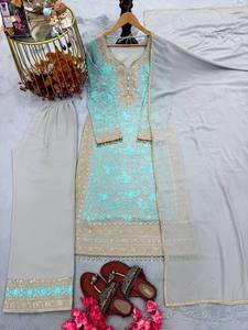 Conjunto Indio-Pakistaní Verde Menta Bordado, Kurta Larga, Palazzo y Dupatta, Ropa Formal Festiva - Product Image 4
