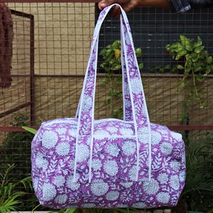 Purple Floral Print Quilted <b>Duffel</b> <b>Bag</b> With White Trim And Long Handles Large Capacity Weekender Travel <b>Bag</b> - Product Image 5