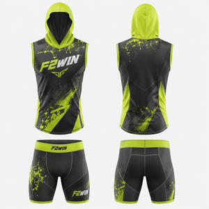 F2WIN ชุดเสื้อเจอร์ซีย์แขนกุดมีฮู้ดสำหรับผู้ชาย สีดำ สีทอง พิมพ์ลายเรขาคณิต ดูดซับความชื้น ทรงสปอร์ต ใส่ได้ทุกฤดูกาล - Product Image 5