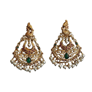Vintage Peacock Style Chandbali Earrings with Jade Pearl and Diamond in Brass - Product Image 2