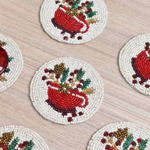 Handmade Beaded Christmas Coasters Reusable Fabric <b>Bar</b> <b>Mats</b> Classic Red Green Design Home Decor Set - Product Image 3