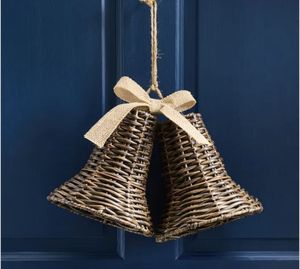 Orange Rattan Bell Ornament Medium Size Rustic Christmas Tree Hanging Decor Orange Red Velvet <b>Bow</b> - Product Image 3