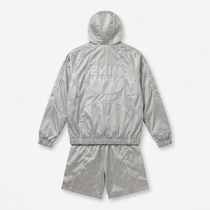 Custom Logo <b>Silver</b> Windbreaker Set, Men's Lightweight Metallic Two Piece Sportswear, Hooded <b>Jacket</b> and Shorts Athleisure Set - Product Image 2