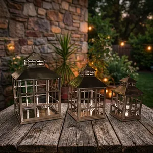 Modern Stainless Steel <b>Glass</b> <b>Lantern</b> Set Decorative Candle Holders Indoor Outdoor Hanging Tabletop Patio Garden Home Decor - Product Image 2