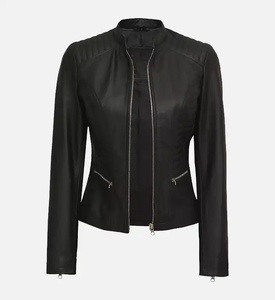 Chaqueta de Motociclista de Cuero Sintético PU Negra para Mujer, Manga Larga, Cuello Alto, Cierre de Cremallera, Color Sólido, para Otoño - Product Image 5