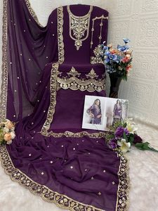 ชุดส่าหรีผู้หญิง RN ผ้าจอร์เจียต์เทียม ปักลายฟ็อกซ์ ความยาวระดับเข่า ชุดอินเดีย ชุดปากีสถาน สำหรับงานแต่งงานและงานเทศกาล - Product Image 3