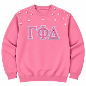 Sweat-shirt pour femme Gamma Phi Delta orné de perles, lettres grecques brodées, col rond, manches longues, pull décontracté de sororité - Product Image 3