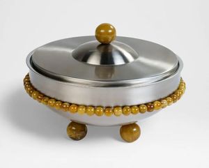 Casserole moderne en acier inoxydable avec bordure en perles de bois et couvercle, récipient isotherme rond pour aliments, plat de service classique pour la cuisine - Product Image 1