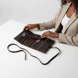 Rouleau de pinceaux en cuir de qualité supérieure, organisateur d'accessoires de peinture aquarelle, étui de rangement artisanal pour artistes, vente en gros, fabricant et fournisseur - Product Image 1