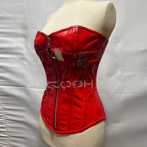 Corset rouge en cuir à baleines en acier, avec fermeture éclair avant et bretelles réglables - Product Image 4