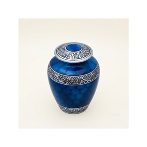 Navy Blue Brass Cremation Urn For Human Ashes Large Adult Funeral <b>Memorial</b> <b>Vases</b> With Engraved Silver Border Threaded Lid - Product Image 4