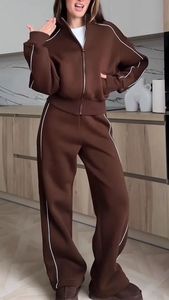 Wholesale Custom Premium Athleisure Set Stand Collar Zip <b>Jacket</b> Hoodies Contrast Piping Fleece Tracksuit Relaxed Fit Trousers - Product Image 5