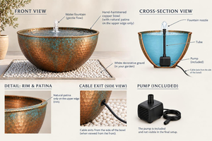Fontaine d'eau extérieure artisanale en cuivre, bol décoratif pour jardin, patio, bassin d'eau décoratif pour la décoration paysagère de la maison - Product Image 3