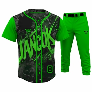 Ensemble d'uniformes de baseball vert néon personnalisés, maillot et pantalon sublimés à boutons, tenue d'équipe à marque privée pour clubs et équipes de tournoi - Product Image 1