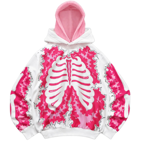 Pink Rib 100% Cotton Loose Fit Crew Neck Pullover <b>Hoodie</b> <b>Skeleton</b> Print Contrast Color Streetwear Autumn Windproof Eco-Friendly - Product Image 1