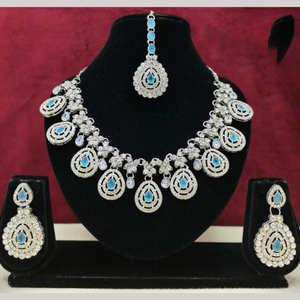 JeweleMarket Silver Plated Crystal & Rhinestone Indian Traditional <b>Bridal</b> Jewelry <b>Set</b> with <b>Necklace</b> <b>Earrings</b> & Maang Tikka - Product Image 1