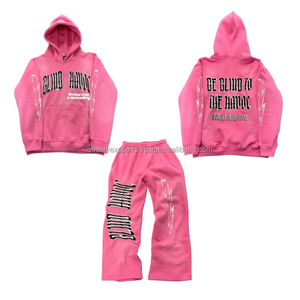 Ensemble pantalon de survêtement hiver personnalisé, poids lourd, à capuche zippé avec strass, survêtement vintage - Product Image 2