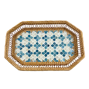Bandeja Octogonal de MDF con Incrustaciones de Capiz, Hecha a Mano, Sostenible, Duradera, Elegante, Vintage, Rústica, con Patrón de Mosaico Azul y Marco de Ratán, Decoración para el Hogar - Product Image 3