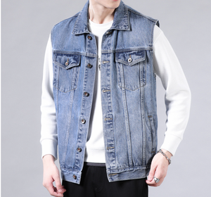 เสื้อกั๊กยีนส์ผู้ชายแบบฟอกสี ลายพิมพ์วินเทจสุดเท่ แจ็คเก็ตแขนกุด สไตล์ฮิปฮอปสตรีทแวร์ สำหรับผู้ใหญ่ - Product Image 4