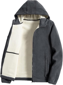 Veste en polaire à capuche noire pour homme, coupe classique, couleur unie, coupe-vent, vêtements d'hiver décontractés avec intérieur doublé - Product Image 2