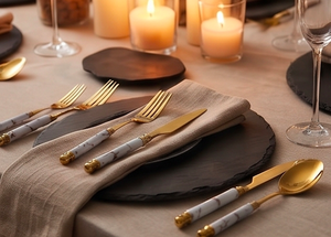 Ensemble de couverts dorés avec poignées en marbre, compatibles lave-vaisselle, vaisselle élégante pour mariage et usage quotidien - Product Image 3