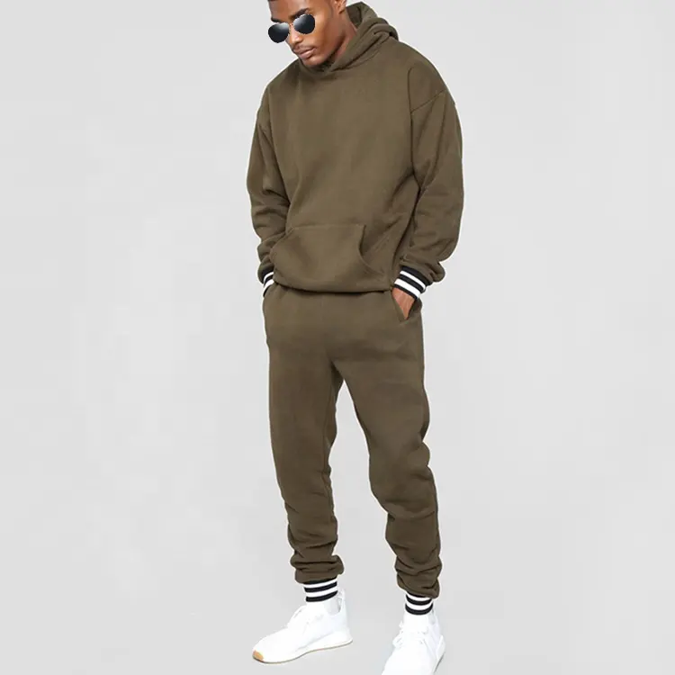 OEM Custom sweat suit Blank Designer Lime Green Premium Hoodies Pullover Two Color Ribbed Cuffs Olive Plain tracksuit