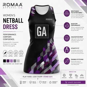 Vestido de netball personalizado para mujer, sin mangas, con cuello redondo, uniforme de equipo con dorsal posicionado, en colores negro, ciruela, morado, lila y gris. - Product Image 3