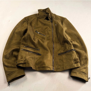 Vintage Olive Suede Leather <b>Jacket</b> Zip Up Biker Style Fitted Moto Coat Factory OEM ODM - Product Image 1