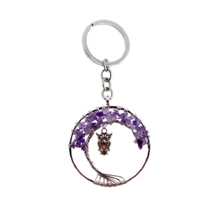 Porte-clés en pierre naturelle, pierre d'améthyste, vie d'arbre, cristal, hibou, Chakra, personnalisé, rond, pierre précieuse, cristal, porte-clés, guérison, vente en gros - Product Image 1