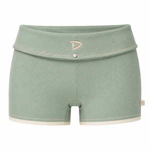Shorts Deportivos de Lona para Mujer, Cintura Baja, Color Verde Sólido, Transpirables, Ecológicos, con Cierre de Cordón y Detalle de Botón de Perla, en Spandex/Algodón - Product Image 1