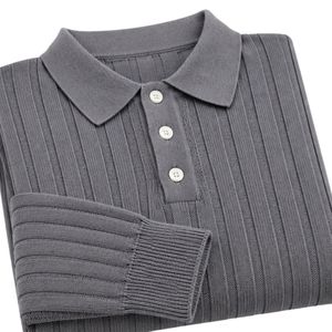 Pull polo en maille côtelée grise à manches longues, col boutonné, décontracté, doux et chaud pour l'hiver, personnalisable avec logo, vêtement de mode premium pour homme - Product Image 6