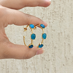 Best selling jewelry oval cut blue apatite jade twisted rope hoop <b>earrings</b> brass 18k gold plated prong set triple gemstone hoops - Product Image 5