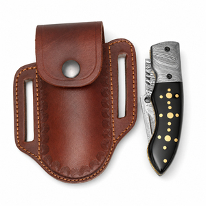 Burraq OEM DIY ODM Handmade Damascus Steel Multi-Functional Pocket Knife Black Handle Gold Dots Leather Sheath Gifts Outdoor Use - Product Image 6