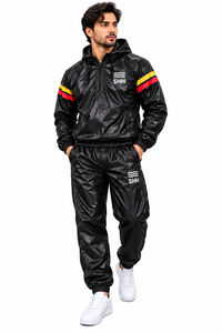Custom <b>Black</b> Hooded Sauna Suit Men’s Shiny Sweat Tracksuit Half Zip Pullover Jacket Pants <b>Set</b> Thermal <b>Gym</b> Training Fitness Wear - Product Image 6