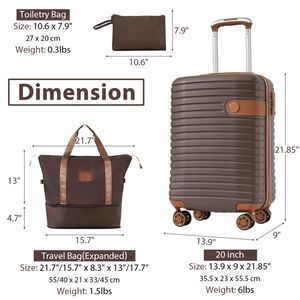 Juego de Maletas de 3 Piezas, Equipaje de Mano 22x14x9, Aprobado por Aerolíneas, Carcasa Rígida Ligera de ABS, Bolsas de Viaje Marrones de 20 Pulgadas - Product Image 6